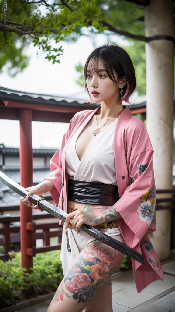 Beautiful Chinese woman, (************), cute face, red lips, white moist skin, moles, under-eye bags,
BREAK,
Feminine body with high athletic ability, Body of a female fitness model, Feminine body with hard tones, (Muscles: 1.2), (Beautiful belly button),
BREAK,
Martial artist, Kung Fu fighter, Idol,
BREAK,
(Wearing cute kimono: 1.3), (Kimono with high exposure), (Super long boots 1.3), Necklace, Very large earrings, Short length,
BREAK,
Short hair, (Short bob hair), (Bangs: 1.2), (Pink hair: 1.3), (Wavy hair),
BREAK,
(Very large Japanese sword: 1.4), (Holding the handle of a Japanese sword in hand: 1.3), (Raising a very large Japanese sword: 1.2), (Getting into a fighting stance),
BREAK,
(Japanese tattoo: 1.4),
BREAK,
Masterpiece, Perfect lighting, Ultra high resolution, 8K, (highly detailed:1.4), (front view), looking at camera, melancholic expression,
BREAK,
(Tokyo city, lots of people in background), Japanese city background,