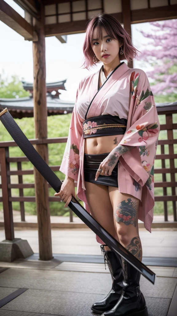 Beautiful Chinese woman, (), cute face, red lips, white moist skin, moles, under-eye bags,
BREAK,
Feminine body with high athletic ability, Body of a female fitness model, Feminine body with hard tones, (Muscles: 1.2), (Beautiful belly button),
BREAK,
Martial artist, Kung Fu fighter, Idol,
BREAK,
(Wearing cute kimono: 1.3), (Kimono with high exposure), (Super long boots 1.3), Necklace, Very large earrings, Short length,
BREAK,
Short hair, (Short bob hair), (Bangs: 1.2), (Pink hair: 1.3), (Wavy hair),
BREAK,
(Very large Japanese sword: 1.4), (Holding the handle of a Japanese sword in hand: 1.3), (Raising a very large Japanese sword: 1.2), (Getting into a fighting stance),
BREAK,
(Japanese tattoo: 1.4),
BREAK,
Masterpiece, Perfect lighting, Ultra high resolution, 8K, (highly detailed:1.4), (front view), looking at camera, melancholic expression,
BREAK,
(Tokyo city, lots of people in background), Japanese city background,