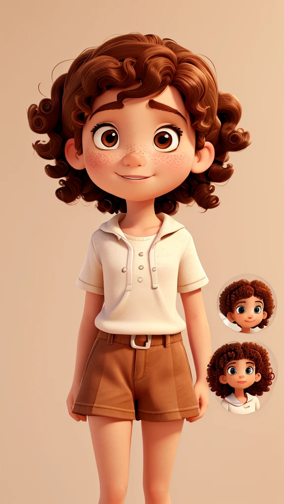 Character sheet of girl with brown hair, pixar style (girl, approximately 7 years old, white with freckles on her face, curly hair, brown eyes) character sheet, style of (style)