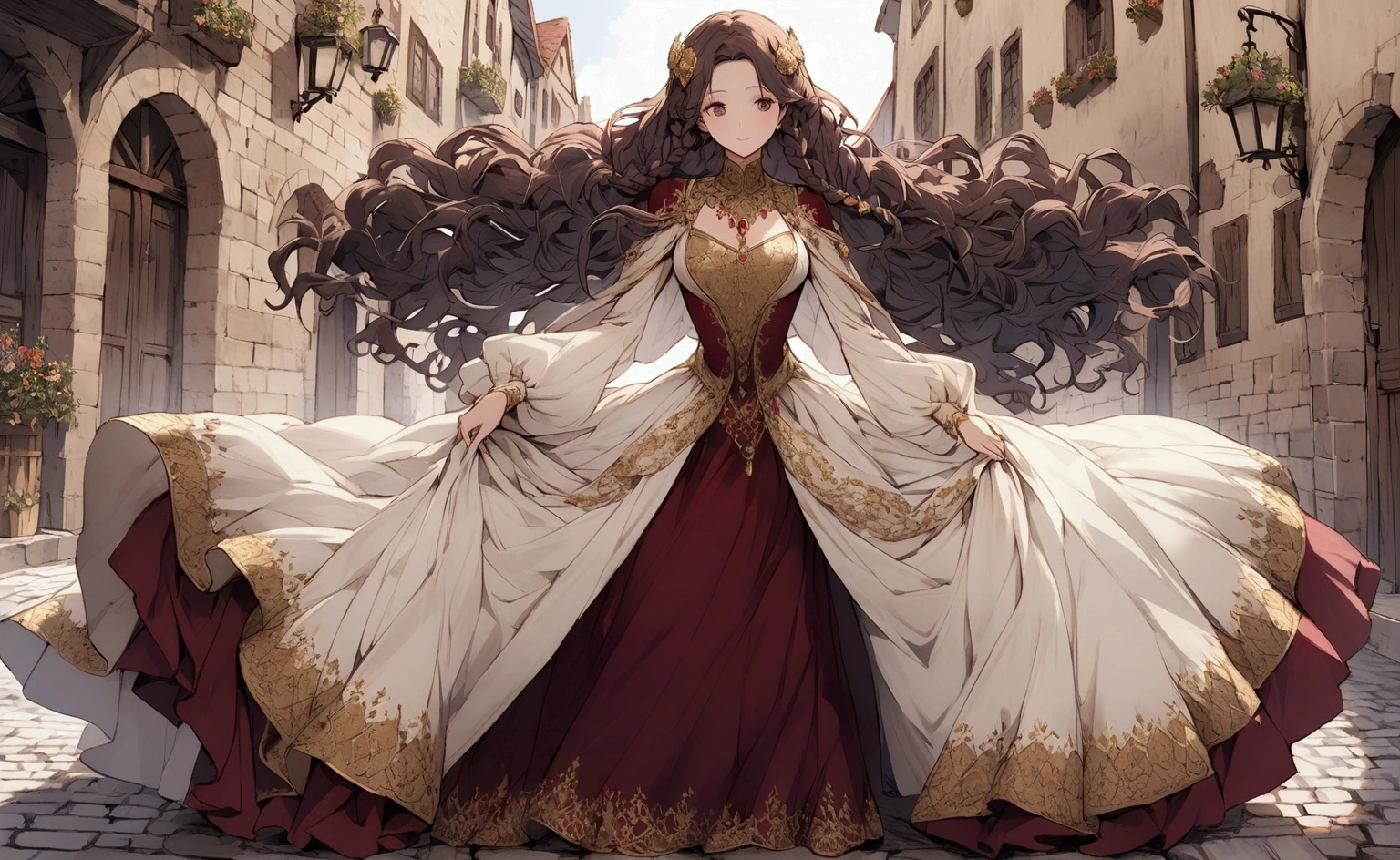 Create a detailed illustration of a beautiful medieval woman standing on a cobblestone street. She is dressed in an elegant dress richly embroidered with intricate patterns in deep burgundy and gold. Her dress features long, flowing sleeves and a high collar adorned with delicate lace. She has long, wavy hair falling over her shoulders, with a few small braids and a jeweled hair ornament.

