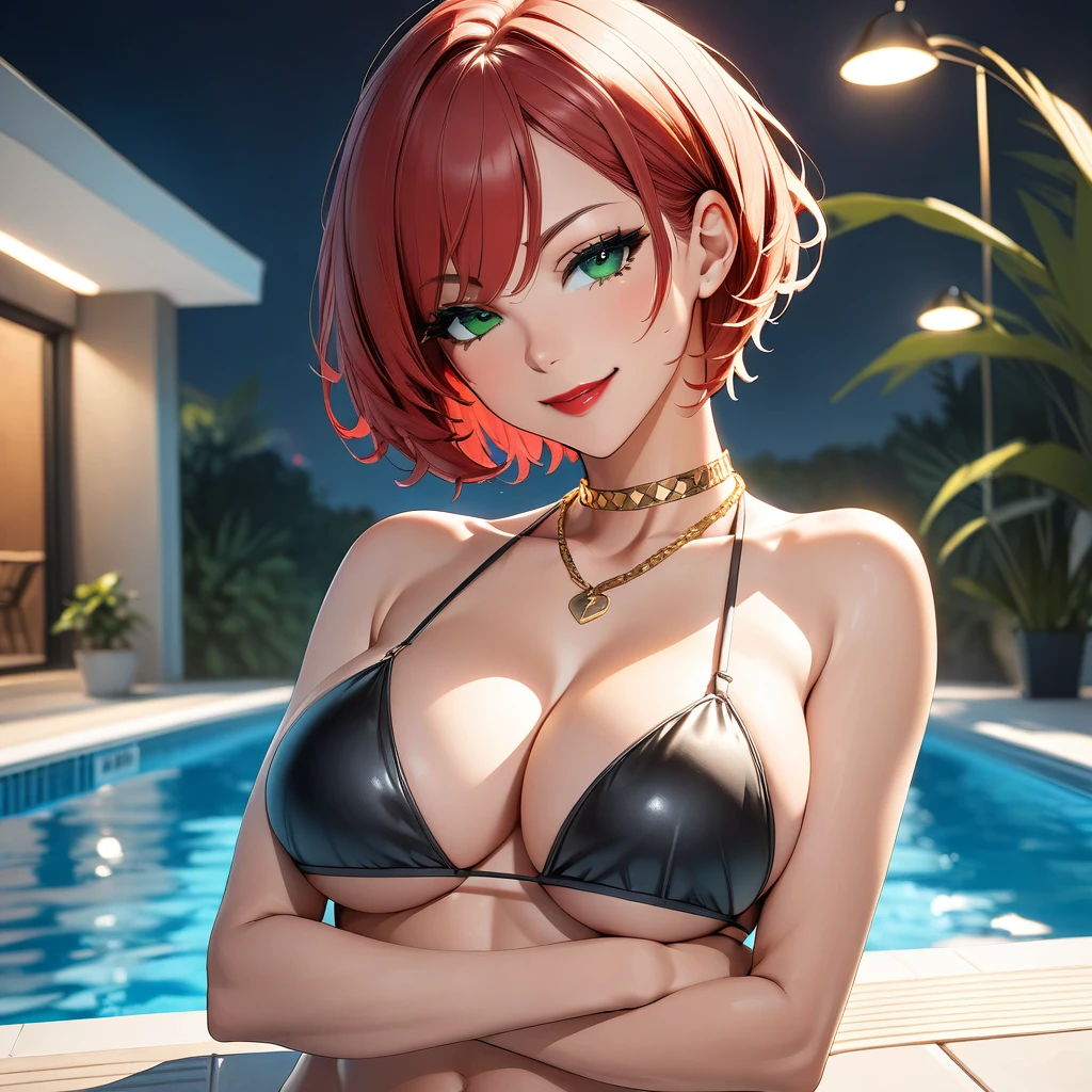 beautiful woman, ((caucasian skin)), red hair, short hair, seductive smile, ((pool)), crossed arms below chest, red lipstick, jeans shorts, black bikini top, high thong, green eyes, portrait, slender body, gold neck chain, 