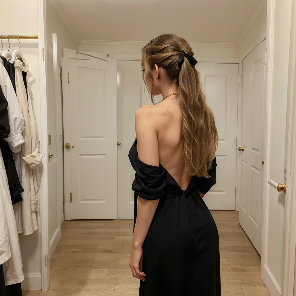 Portrait-style image featuring a woman with long, wavy blonde hair styled in a half-up, half-down fashion, secured with a large black bow. She is wearing a black, backless dress, revealing her upper back. The woman is standing in front of a white wardrobe with paneled doors, and the room has a light, airy feel with white walls and light-colored flooring. She is holding a black handbag with a gold chain strap over her shoulder. The image is taken from behind, focusing on her hairstyle and outfit, with no facial features visible.