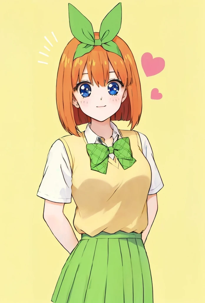 anime girl with green bow and yellow shirt and green skirt, anime visual of a cute girl, anime best girl, anime moe artstyle, score_9, score_8_up, score_7_up, score_6_up, source anime, abustoypnxl, nakano yotsuba, (1 girl) Sfw, yotsuba nakano, pretty age girl with short orange hair, heart shaped lips and blue eyes making a cute face, aayotsuba, short hair, bob hair, Nakano yotsuba, from The Quintessential Quintuplets, Yotsuba Nakano, masterpiece, 4k, ultradetailed, cowboy shot, nakano Yotsuba, pink orange hair, blue eyes, sparkling eyes, nakano yotsuba, orange hair, hair bow, green bowtie, yellow sweater vest, collared shirt, green skirt, dynamic pose, moving, dynamism, hair between eyes, transparent, translucent