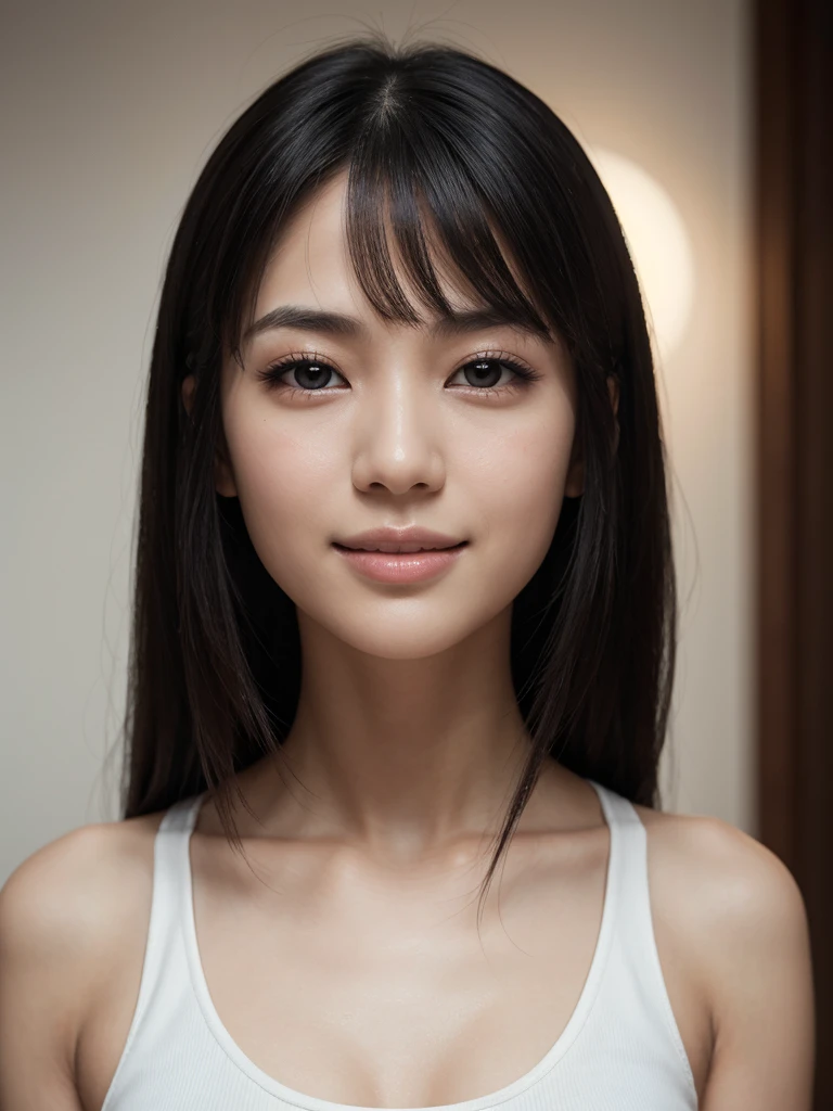 whiteroom, 1 person, Japanese woman, look at the camera, smile, H~I cup, model's expression, big black eyes, wide double eyelids, high nose bridge, small well-shaped mouth, thin lips, smooth fair skin, high cheekbones, symmetrical face, natural eyebrows, gentle smile, shiny black hair, straight hair, soft facial expression, well-defined jawline, oval-shaped face, see-through bangs, slightly upturned outer eye corners, natural eyeliner, tear bags, healthy cheek color, bright white teeth, well-aligned teeth, Tank top, Shiny skin, Sweaty body, Dramatic lighting, Huge breath, (8K, 4K, Best Quality, High Definition, Ultra High Definition: 1.1), (Masterpiece, Realistic, Photorealistic: 1.1), #tarasuzuka24