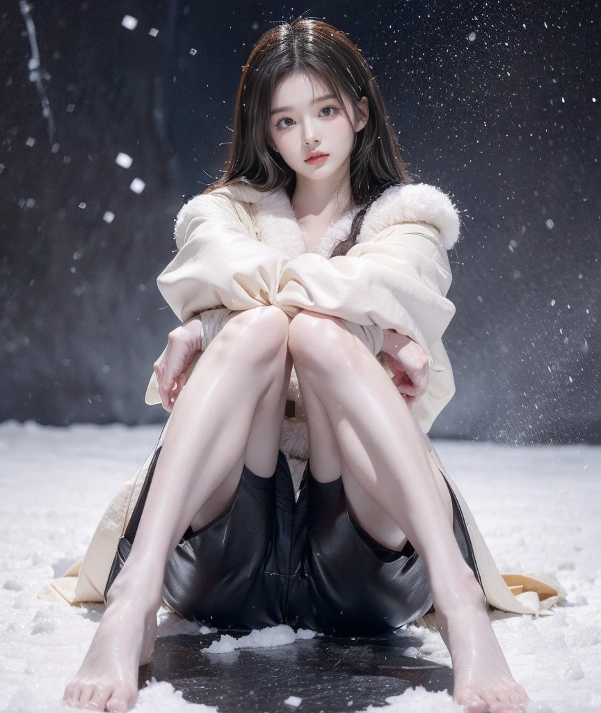 A Japanese Lady、beauitful face、double eyelid、Big eyes、Long Black Hair、suiticro shorts、arms in arms、beauty legs、Raw feet、Clean thighs、tall、model poses、Oyuki、snow blowing、snow cover、