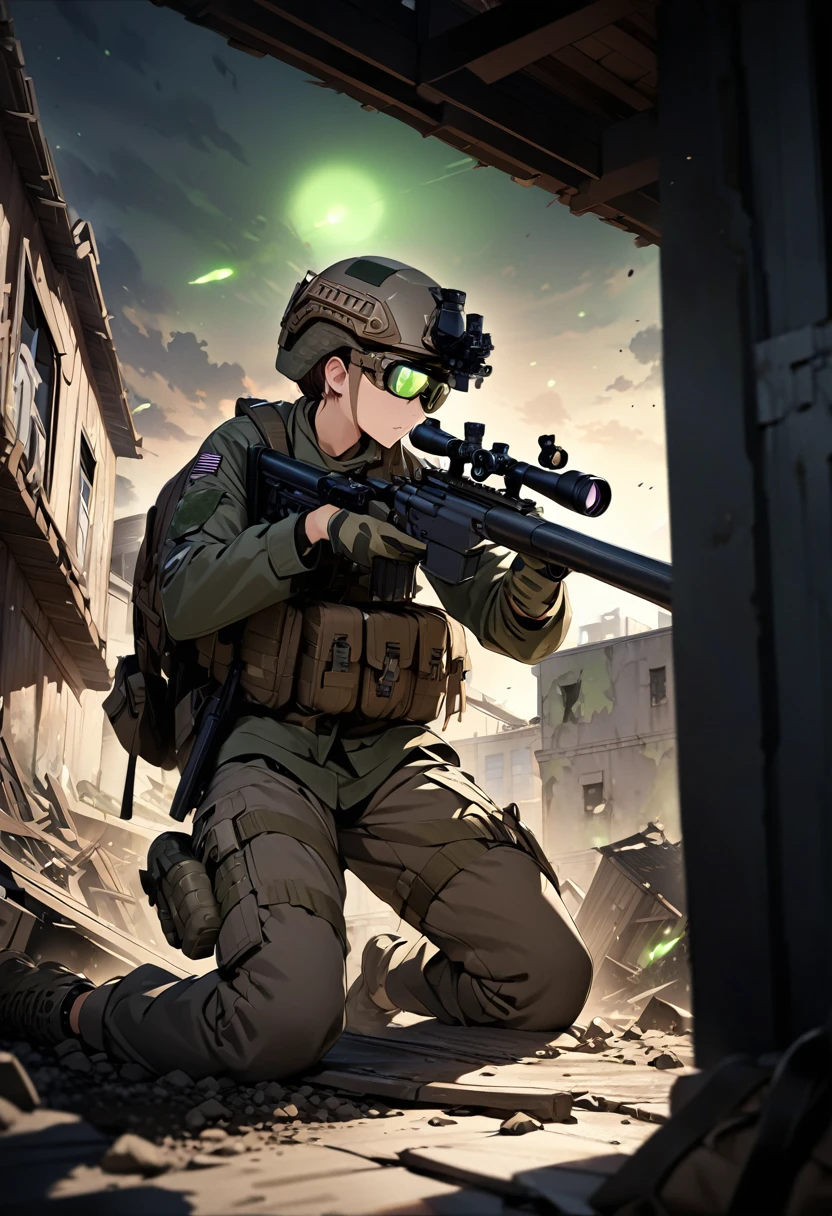 Ultra-high resolution 3D CG art,A modern soldier girl is sniping at night,Girls are modern snipers,Her hair is short and chestnut.On his head he wears an urban camouflage helmet, the kind worn by modern soldiers.Put on night vision goggles and look through the rifle scope.Wearing modern soldier uniforms in urban camouflage and carrying military backpacks,Possess a long-range sniper rifle He is lying face down on the ground on the roof of an abandoned building, looking through the scope of a rifle.Tension, nervousness,The girl was covered in mud and dust.Night vision goggles green light afterglow effect,The beautiful depiction and luster of the rifle,A perspective of a girl seen from diagonally in front,(High quality,high resolution, masterpiece, best quality4k, 8k.1.2)Ultra detail,Ultra-fine painting,Super Fine View,