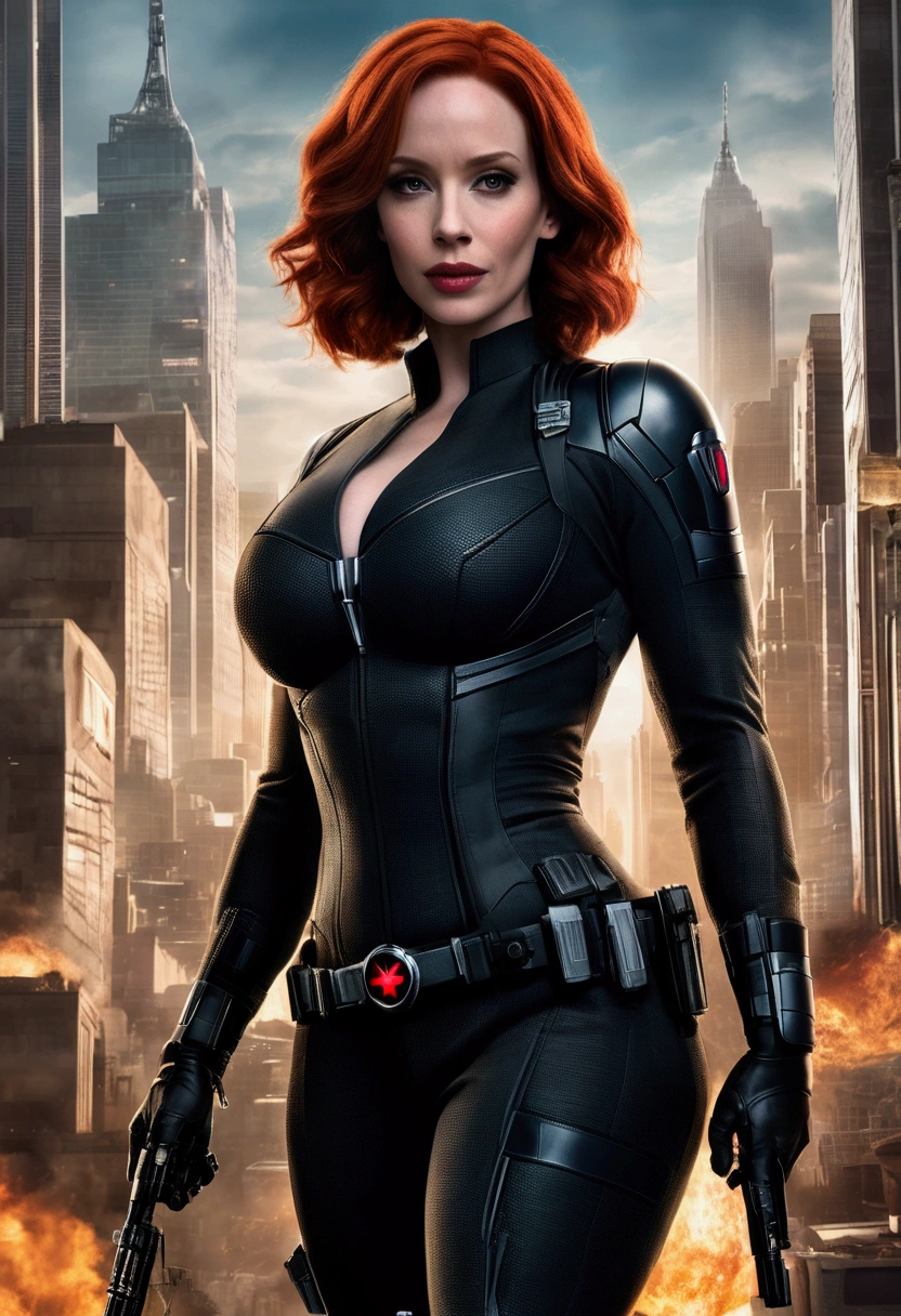 Create a dynamic 4K resolution full body portrait of Christina Hendricks as the character of Black Widow, the fierce Marvel superheroine. Visualize Christina Hendricks as Black Widow with her striking features: her short orange wavy hair. Her bright blue eyes, sharp and focused, should reflect her unwavering determination and strategic mind. She is 48 years old. Include Christina's sculpted cheekbones and slight wrinkles around the face. High-quality facial research of Christina Hendricks. Include Christina Hendricks large breasts. High-quality detailed research of Christina Hendricks voluptuous figure. Dress Christina Hendricks in the iconic Black Widow black tactical suit, with a huge bust the suit, featuring intricate details such as reinforced armor, gun holsters, utility belts, boots and the red hourglass symbol on her belt. The suit is so tight that Christina Hendricks breasts barely fit in it. The suit should appear sleek and functional, emphasizing her agility and combat prowess. Set the scene against the backdrop of a high-tech, futuristic environment, perhaps a S.H.I.E.L.D. headquarters or a cityscape at dusk, with neon lights casting dramatic shadows. Include elements such as holographic displays or glimpses of advanced technology to enhance the modern, action-packed atmosphere. The color palette should be dark and intense, with shades of black and deep reds, contrasted by the cool blues and silvers of the high-tech background, highlighting Black Widow's stealthy and formidable presence. Black Widow's expression should convey a blend of determination, focus, and a hint of vulnerability, capturing her complex character. Her gaze should be piercing and resolute, embodying her role as a master spy and a skilled combatant. This portrait aims to portray Christina Hendricks playing the role as the fictional character of Natasha Romanoff/Black Widow, capturing her iconic features and the high-stakes, action-packed world she inhabits in the Marvel universe