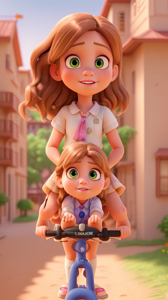 a 9 year old girl with brown hair riding a bicycle, another 8 year old girl with blonde hair standing on the back of the bicycle, riding through the dirt streets of a coastal city, sideways view, detailed facial features, (best quality,4k,8k,highres,masterpiece:1.2),ultra-detailed,(realistic,photorealistic,photo-realistic:1.37),HDR,UHD,extreme detail description,vivid colors,photography