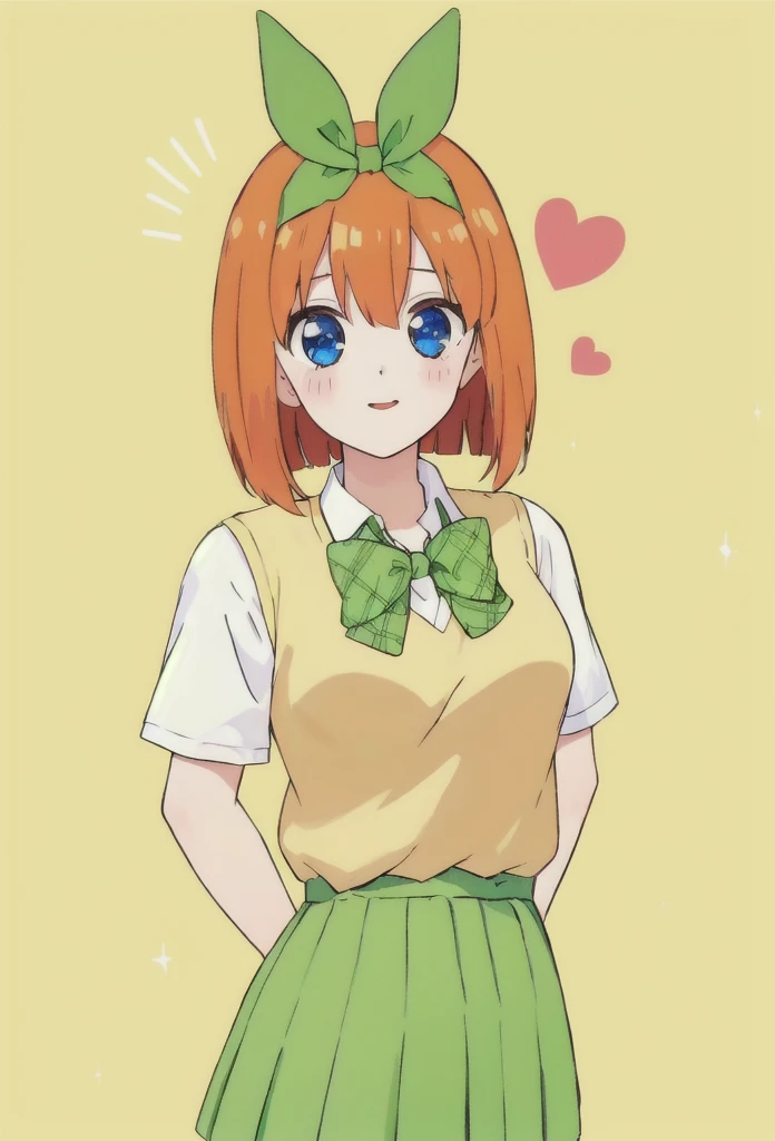 anime girl with green bow and yellow shirt and green skirt, anime visual of a cute girl, anime best girl, anime moe artstyle, score_9, score_8_up, score_7_up, score_6_up, source anime, abustoypnxl, nakano yotsuba, (1 girl) Sfw, yotsuba nakano, pretty teenage girl with short orange hair, heart shaped lips and blue eyes making a cute face, aayotsuba, short hair, bob hair, Nakano yotsuba, from The Quintessential Quintuplets, Yotsuba Nakano, masterpiece, 4k, ultradetailed, cowboy shot, nakano Yotsuba, pink orange hair, blue eyes, sparkling eyes, nakano yotsuba, orange hair, hair bow, green bowtie, yellow sweater vest, collared shirt, green skirt, dynamic pose, moving, dynamism, hair between eyes, transparent, translucent