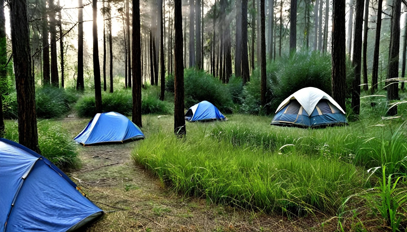 forest area with tall grass on the ground between the trees. There are only two camping tents set up in the tall grass. It's late afternoon, and the sky is getting darker, creating a tense atmosphere. The trees are thick, and the shadows are getting longer, heightening the suspense. The scene captures the feeling of anticipation as night approaches."