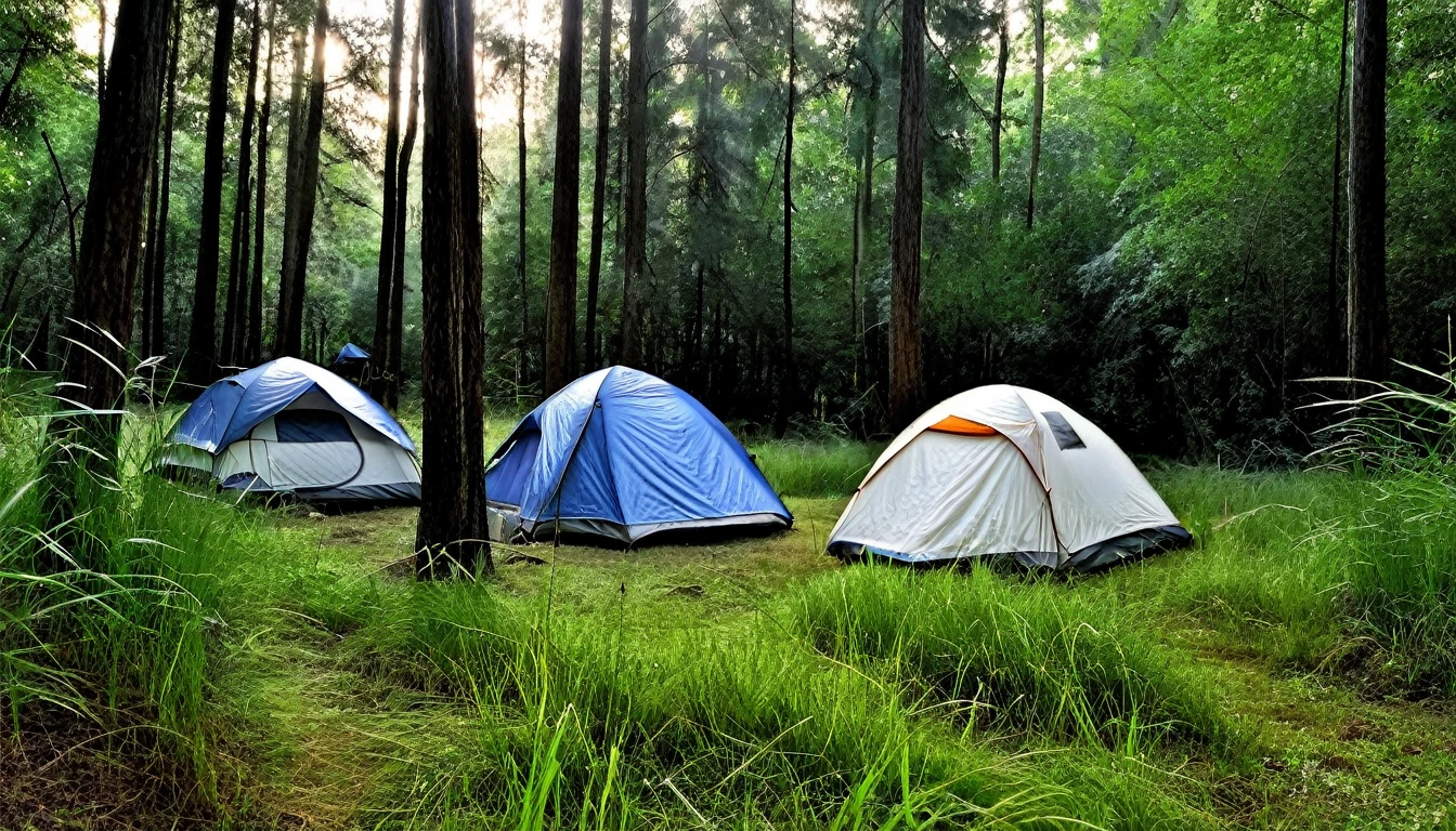forest area with tall grass on the ground between the trees. There are only two camping tents set up in the tall grass. It's late afternoon, and the sky is getting darker, creating a tense atmosphere. The trees are thick, and the shadows are getting longer, heightening the suspense. The scene captures the feeling of anticipation as night approaches."