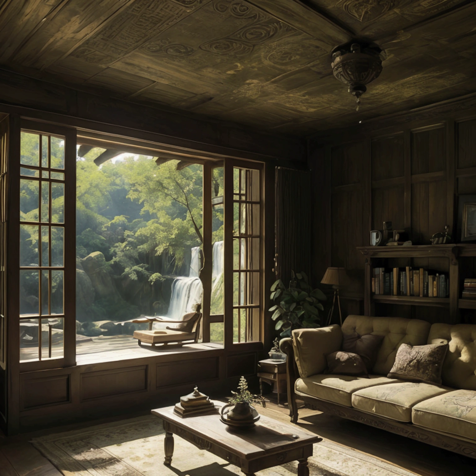 This is a warm wooden living room. The interior of the room is made of wood as the main material, exuding natural simplicity and warmth. Floors, walls and ceilings are made of fine wood, giving it a natural texture. There are some classical furniture in the living room, an antique wooden sofa with soft cushions, and a beautifully carved coffee table next to it. There is an antique bookcase next to the wall, which is filled with various ancient books and exquisite ornaments, adding to the classical atmosphere of the room. There is a large window on one side of the living room, and outside the window is a magnificent natural landscape: a waterfall rushing down from a high place, surrounded by dense trees and lush greenery. The sun casts dappled light and shadow through the leaves, and the sound of the waterfall can be heard clearly, adding a sense of tranquility and coziness to the room.