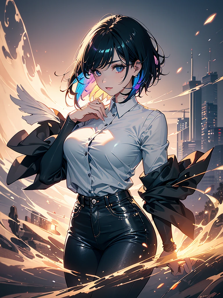 Girl short black hair, full lips, short wide sleeve shirt, jeans, black boots, deserted road, full body, curvy body, (ultra-realistic), {extremely detailed CG unit 8k wallpaper}, Expansive landscape photography , (a view from below that shows the grandeur of the character, expansive open field view), (low-angle shot), (light: 1.5), (warm light source: 1.2), complex details, (Iridescent colors: 1.2) , (bright lighting), (atmospheric lighting), modern, realistic, solo: 1.5