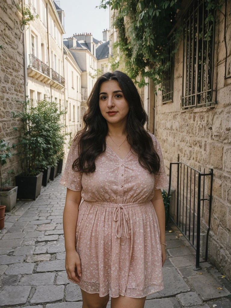 Caseyli, 1girl, solo, 30 years old, (((Georgian face))), (((Georgian nose))), (((Georgian lips))), ((((chubby)))), (((wide hips))), (((dark blonde hair))), wavy medium hair, wearing stylish Generation Z modern wear, ((Background: Parisian Courtyards)), upper body and upper legs, standing