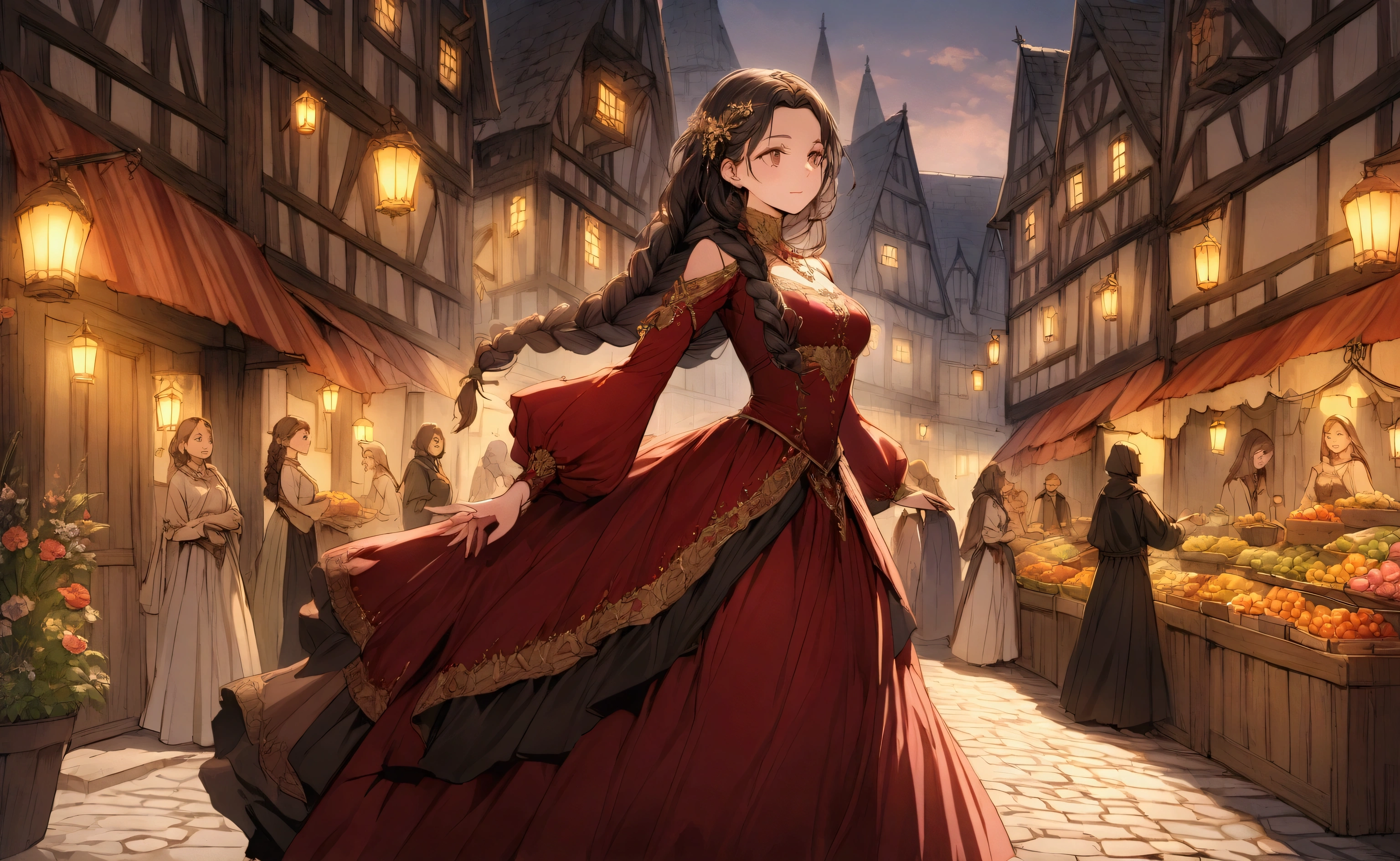 Create a detailed illustration of a beautiful medieval woman standing on a cobblestone street. She is dressed in an elegant gown richly embroidered with intricate patterns in deep burgundy and gold.. Her dress features long, flowing sleeves and a high collar adorned with delicate lace.. She has long, wavy hair falling over her shoulders., with some small braids and a jeweled hair ornament.

The background shows a charming medieval street with stone buildings, wooden beams and colorful market stalls. Lanterns hang from buildings, giving off a warm, soft glow. The street is lined with potted plants and flowers in bloom, adding a touch of nature to the urban environment. The atmosphere is lively, mas serena, capturing the essence of a busy day at the medieval market.

The woman&#39;s expression is confident and serene, with natural makeup highlighting your features. She is looking slightly to the side, as if you were observing market activities. The scene is detailed with stone textures, wood and fabric to bring the medieval setting to life