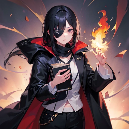 Eye patch on one eye,Cartoon of a woman wearing a black coat and black trousers, Employable personality, Inspired by Le Chevalier, anime, Moe, Art Style, Cytus and Deemo Style, anime風キャラクター,One Girl,((One eye is normal,Eye patch on one eye,black eye,Scars on face,Hold a book in one hand,Casts powerful fire magic,Long black hair,Aggressive face,Very strong))