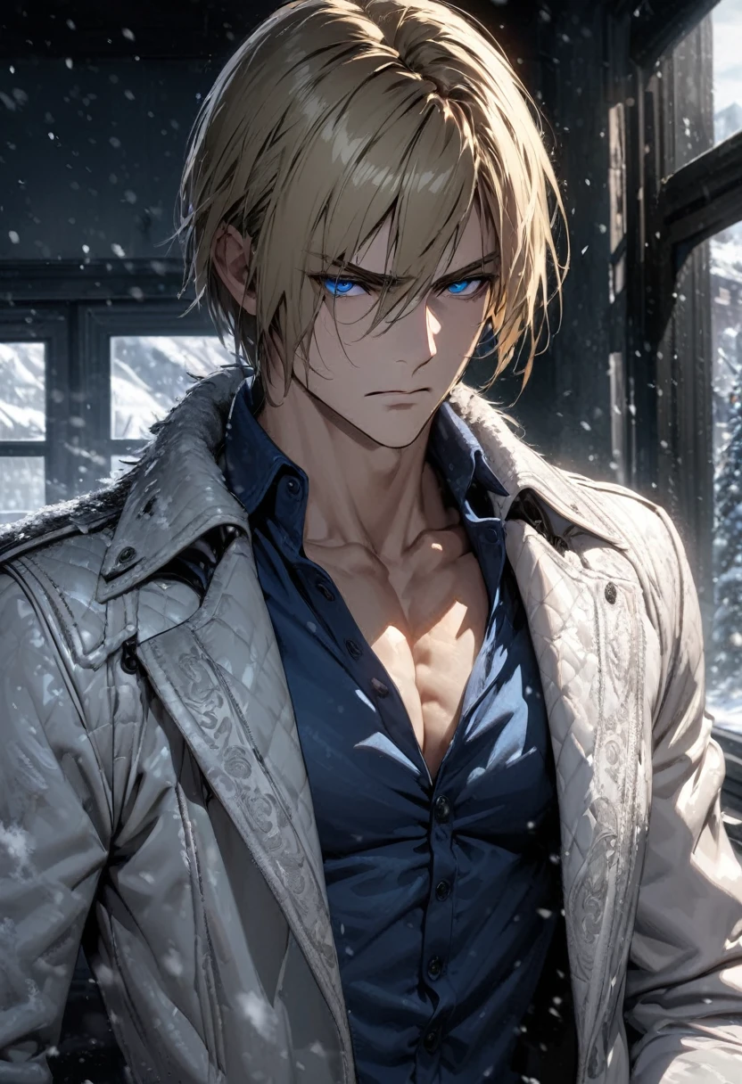 absurdities, High resolution, ultra detailed, HdR, masterpiece, Extremely detailed face and eyes, Leon Kennedy, medium blonde hair, disheveled, bushy eyebrows, serious, expressive blue eyes, resident evil 6, 1 man, elegant, white jacket, Fitted blue shirt, toned chest, window, snowy background. Complete plan