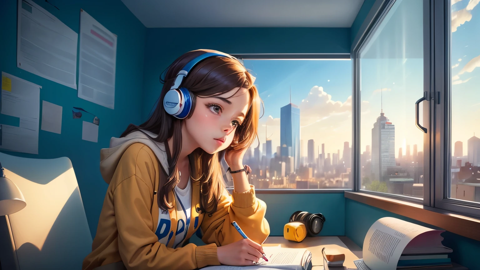 cartoon, high qualiy, a girl studying looking at her notebook in her room, com posters na parede, wearing headphones and a window with a view of buildings in the background
