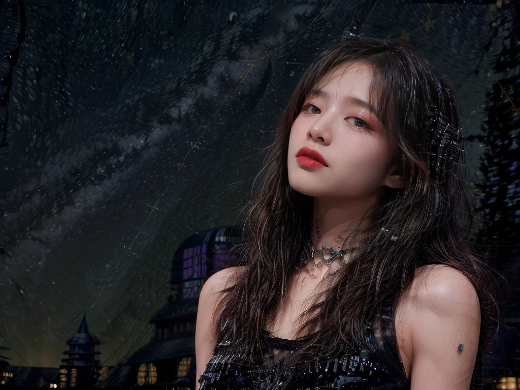 minimum, harmony, aesthetic, fantastic scene, Dystopia, (night, Starry Sky:1.4), Broken Building, Sky full of stars, Beautiful night sky, Girl looking up at the sky, 24-years-old, slender, Medium Hair, bangs, (Gothic_Punk:1.2), masterpiece, best quality, RAW Photos, photorealistic, depth of field, candytt