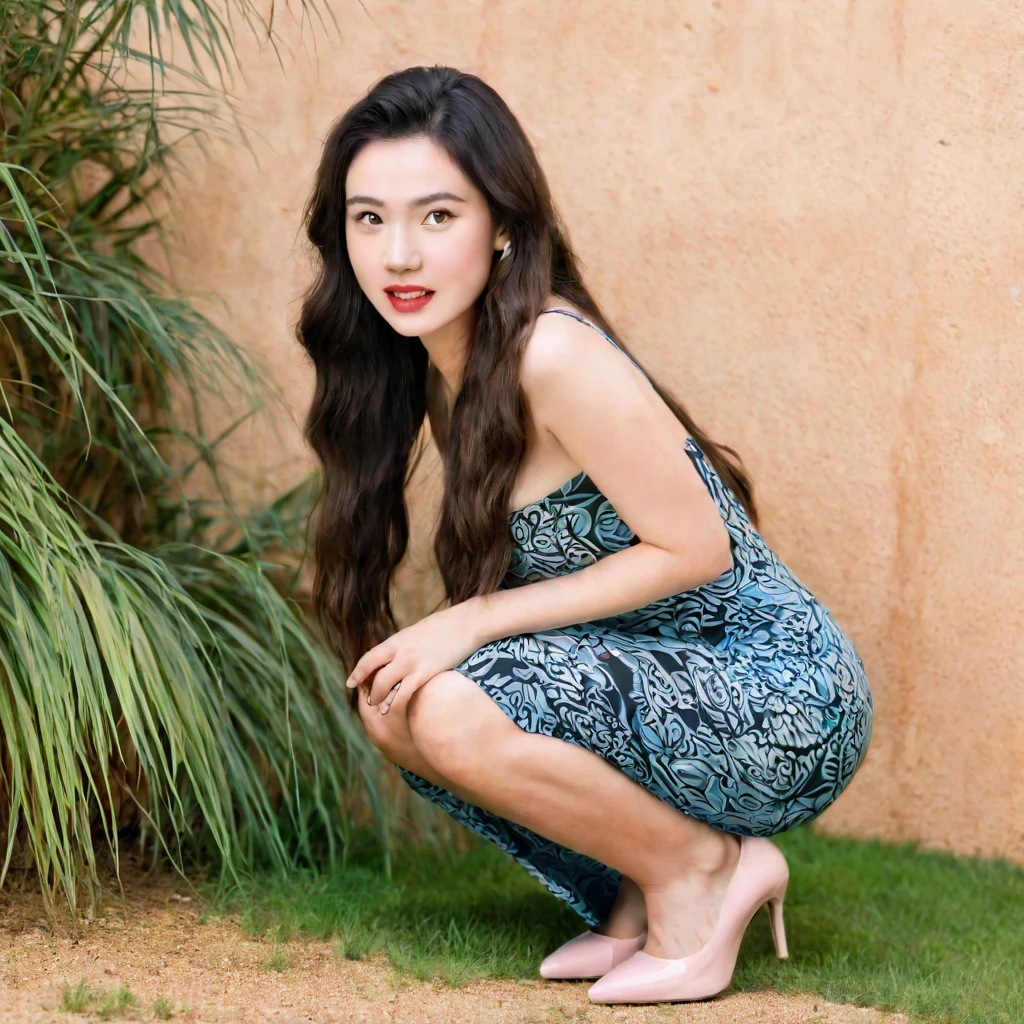  young woman squatting on her knees  in a maxi dress, bodycon dress