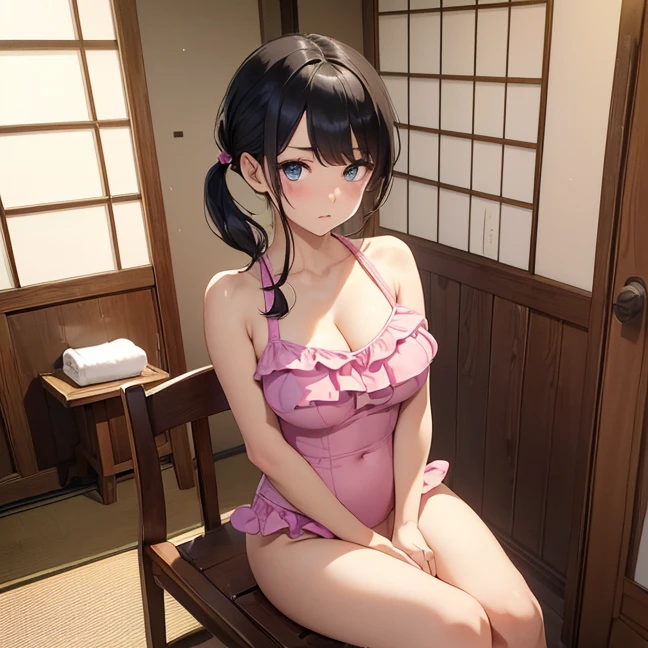 Master piece, best high quality image, carefully detailed details and textures, alone character, full character view
{{(1character:  black haired japanese human girl noble: (fair skin, black short hair tied in two short pigtails, beautiful blue eyes, beautiful face, sharp eyebrows, nice figure, big breasts, beautiful legs, shy expression, educated demeanor, sitting over wooden chair), (pink one-piece swimsuit, hip frills), (japanese rest room))}}