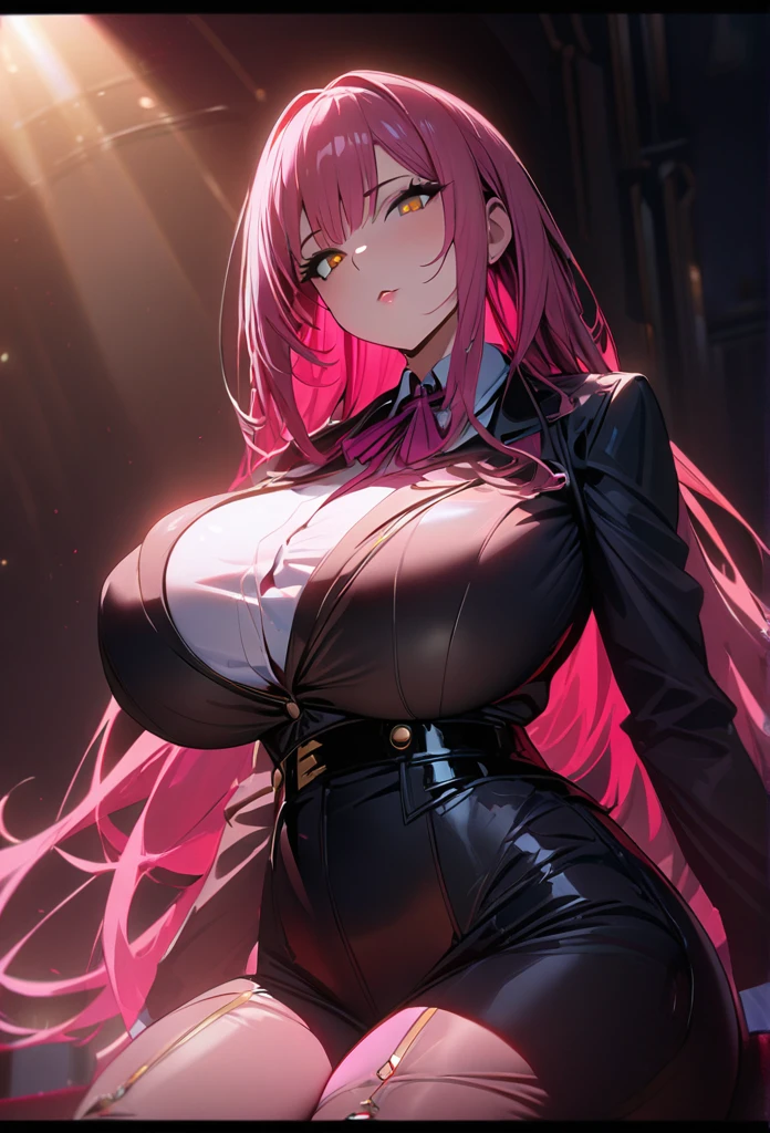 1girl,super huge breasts, pink hair,golden eyes,staring coldly,long hair, body curves, (best quality,4k,highres,masterpiece:1.2),ultra-detailed, dramatic lighting,vibrant colors,cinematic, Kafka outfit