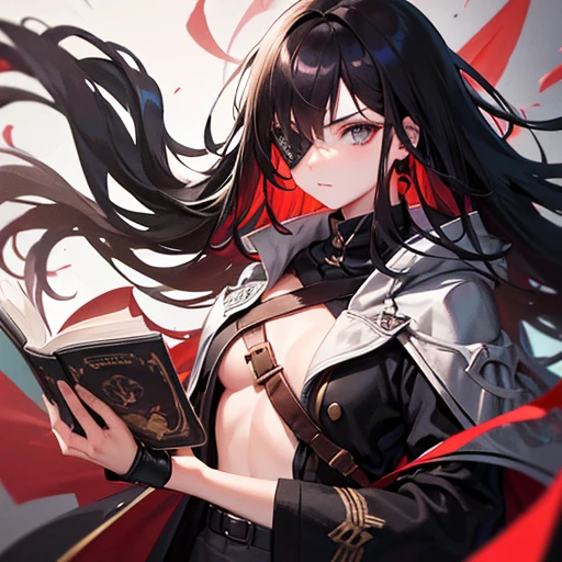 Eye patch on one eye,Cartoon of a woman wearing a black coat and black trousers, Employable personality, Inspired by Le Chevalier, anime, Moe, Art Style, Cytus and Deemo Style, anime風キャラクター,One Girl,((One eye is normal,Eye patch on one eye,black eye,Scars on face,Hold a book in one hand,Casts powerful fire magic,Long black hair,Aggressive face,Very strong))