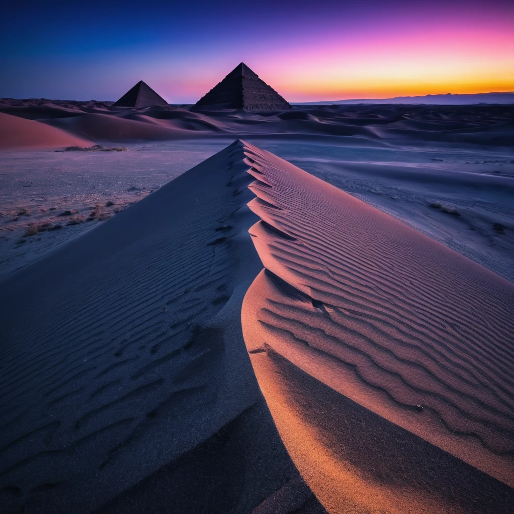 (realist) (masterpiece) (Photography) (ultra definition) Foreground a vast desert with beautiful dunes which have different sizes, some larger than others, These look like fine, soft sand., It seems that they are moved by a delicate wind, plays with the shadows that they cast. From the camera angle it appears to be a first-person shot., Well, it is from the visual perspective as if I were looking straight at the entire scene., From that angle you can see a straight translucent path of different colors that makes its way through the middle of the desert.. This translucent path of colors takes the viewer to a colossal pyramid that is in full radiance., This pyramid has a particular shape since from the front it can be seen that it has many steps that lead to what appears to be a flat base and that it has a large statuette carved in stone of two intertwined snakes that form the figure of human DNA.. This landscape is wrapped in a night atmosphere where the observable sky is illuminated by stars and nebulas of beautiful colors., which means that the landscape was from a very early period in that place. The image details are impressive, It seems like a landscape out of this time and plane, something incredible for what has always been seen by human beings. ((All elements must be frontal))