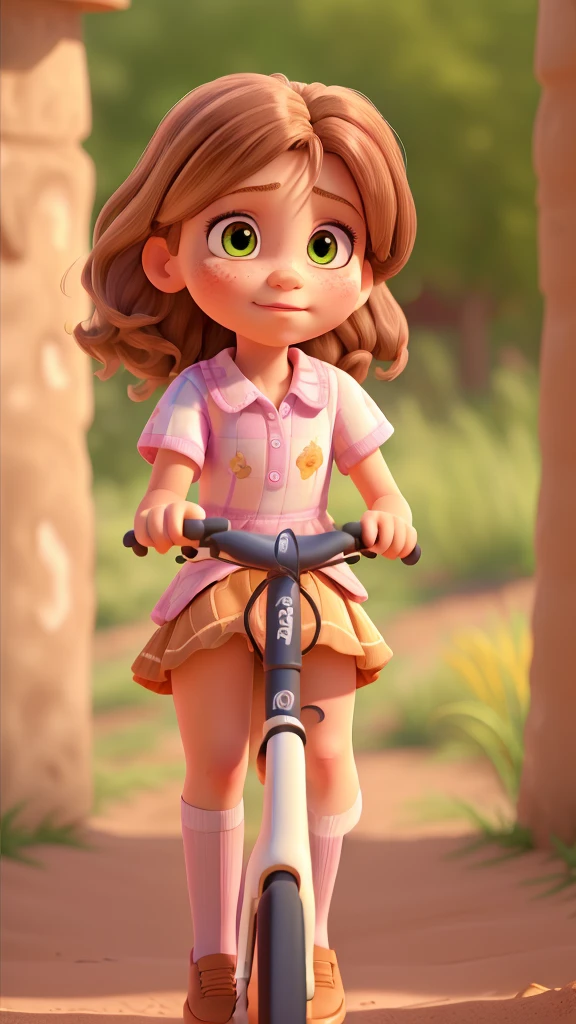 a 9 year old girl with brown hair riding a bicycle, another 8 year old girl with blonde hair standing on the back of the bicycle, riding through the dirt streets of a coastal city, sideways view, detailed facial features, (best quality,4k,8k,highres,masterpiece:1.2),ultra-detailed,(realistic,photorealistic,photo-realistic:1.37),HDR,UHD,extreme detail description,vivid colors,photography