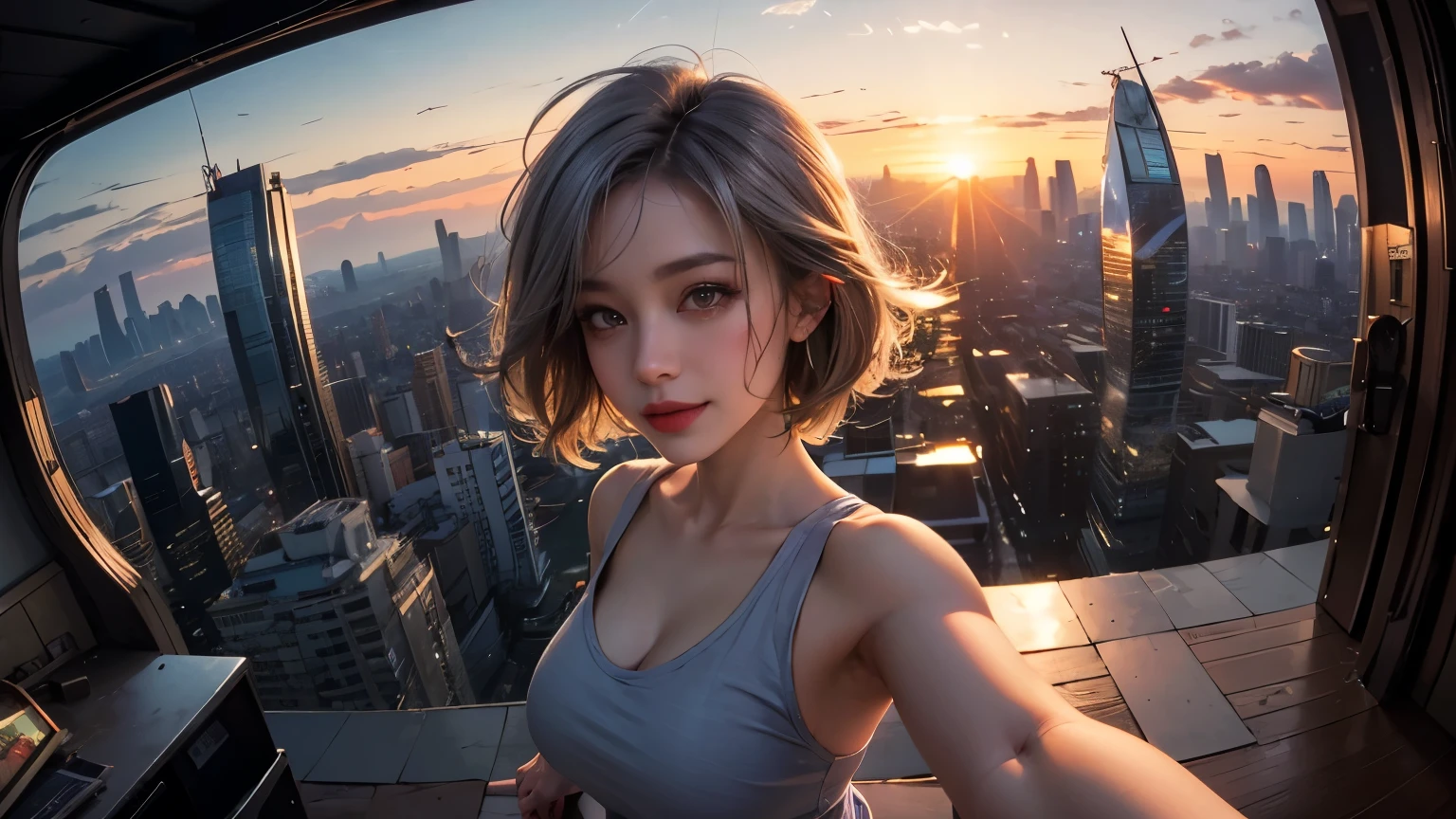 xxmixgirl,One Girl, Fisheye Lens, Selfie, Wind, Messy Hair, sunset, Cityscape, (Aesthetics and atmosphere:1.2), Gray Hair,smile, Film Girl, Short top shirt, Open your chest wide,