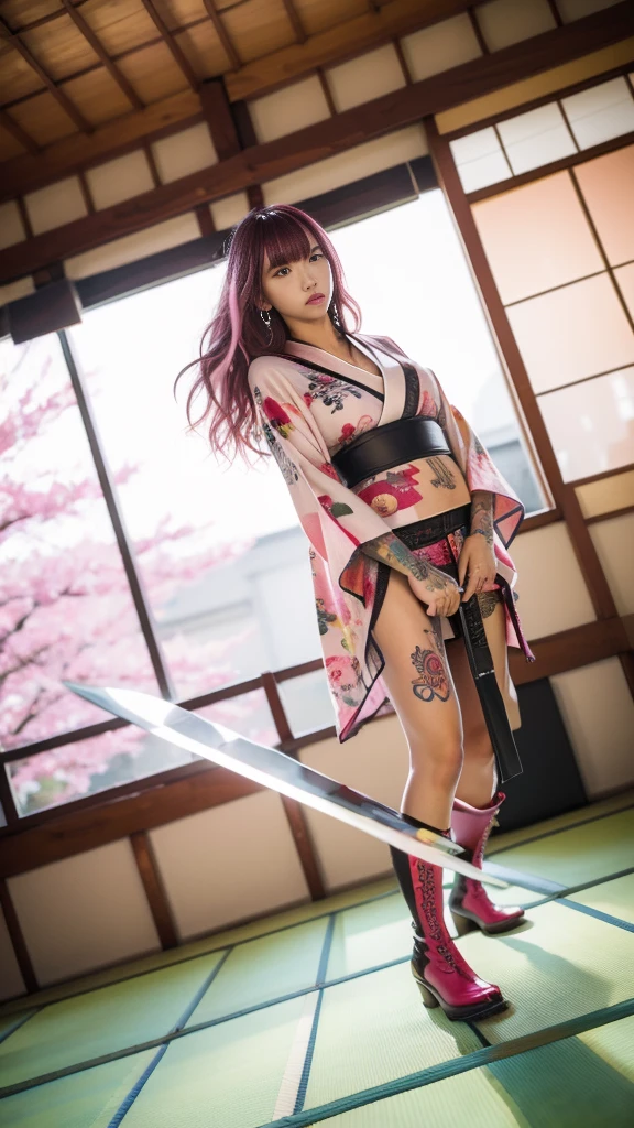 Beautiful Chinese woman, (16 years old), cute face, red lips, white moist skin, moles, under-eye bags,
BREAK,
Feminine body with high athletic ability, Body of a female fitness model, Feminine body with hard tones, (muscles: 1.2), (beautiful belly button),
BREAK,
Martial artist, Kung Fu fighter, Idol,
BREAK,
(wearing cute kimono: 1.3), (kimono with high exposure), (over-the-knee boots 1.3), necklace, very large earrings, short length,
BREAK,
Short hair, (short bob hair), (bangs: 1.2), (pink hair: 1.3), (wavy hair),
BREAK,
(very large Japanese sword: 1.4), (holding the handle of a Japanese sword in hand: 1.3), (raising a very large Japanese sword: 1.2), (getting into a fighting stance),
BREAK,
(Japanese tattoo: 1.4),
BREAK,
Masterpiece, perfect lighting, Ultra high resolution, 8K, (highly detailed:1.4), (front view), looking at camera, melancholic expression,
BREAK,
(Tokyo city, lots of people in background), Japanese city background,