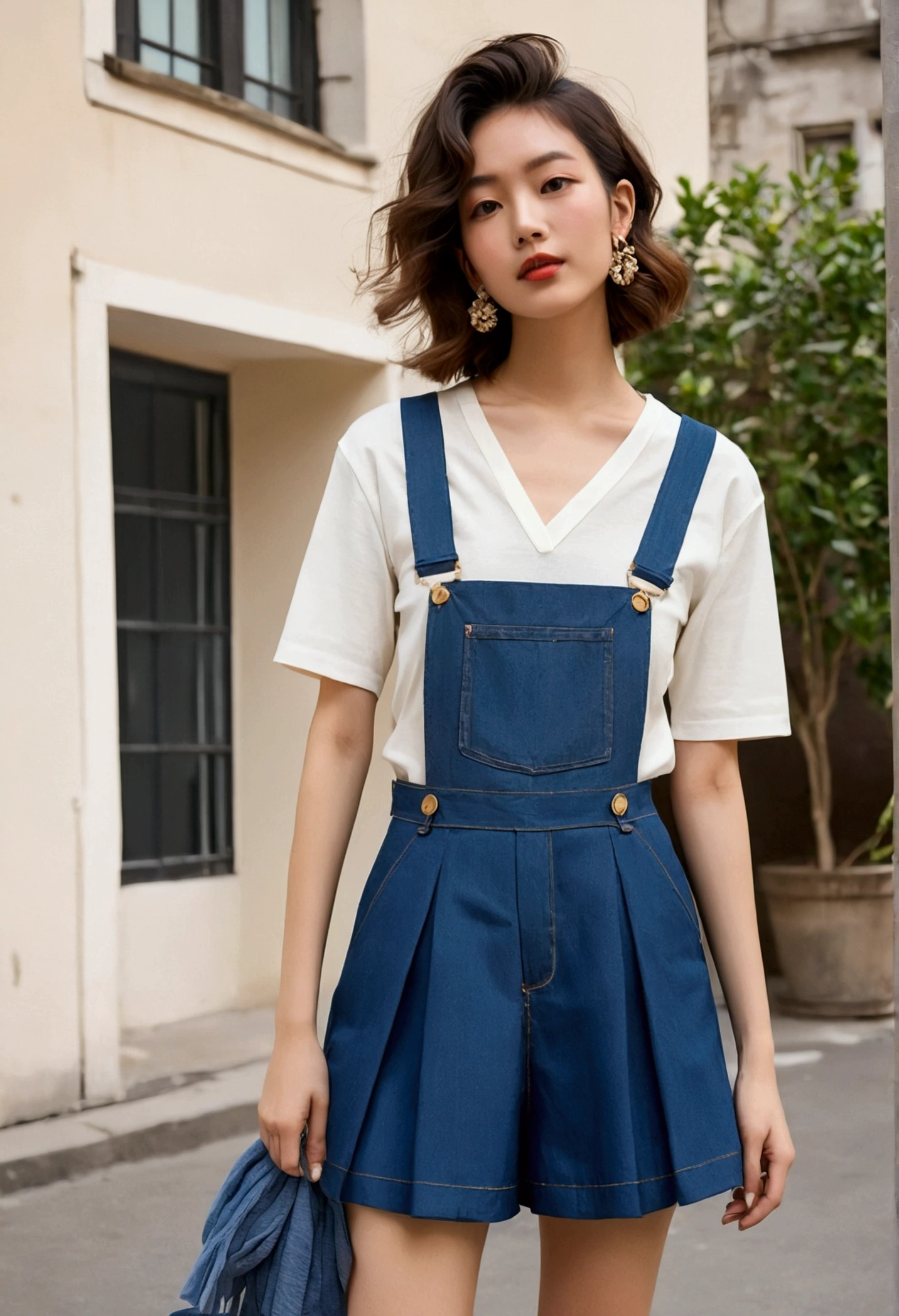 Cotton T-Shirt Denim Overalls Silk Blouse with V-Neck Pleated Skirt Tailoring Pants Wool Scarf Tube Dress Shoulder Bag Denim Jacket High Waist Shorts
