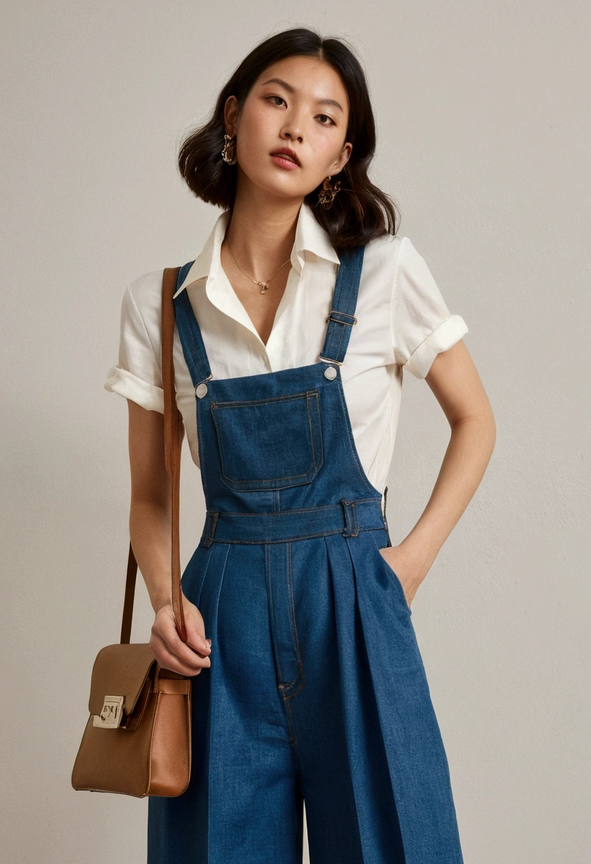 Cotton T-Shirt Denim Overalls Silk Blouse with V-Neck Pleated Skirt Tailoring Pants Wool Scarf Tube Dress Shoulder Bag Denim Jacket High Waist Shorts