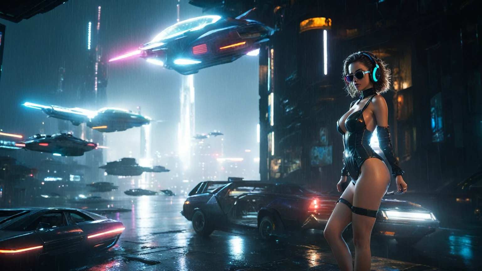 (aerial view, a flying cars docking platform, a very dark abandoned futuristic city, neon lights), rainy night. 1girl, solo, alone, large-breast:1.2 slim body, cleavage:1.1, sexy wind blowing wet dress:1.4, (headphone, black sunglasses), (((she raised:1.8 a pistol:1.8 and took aim))), dynamic pose, (((half-body thigh level medium shot))), cinematic lighting, lens flare, ray tracing.