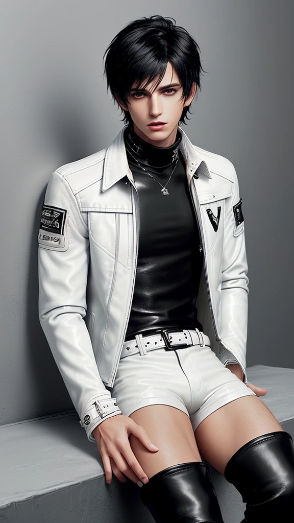 Final fantasy taste and reality graphics, Japanese young cute and cool ikemen  boy, his age is early 20s, thin eyebrows and beady eyes,  ((he wearing off white color leather  thick material jacket)), ((jacket is singlebrest)), biker style jacket, with epaulet, jacket is long sleeve, ((must close the front of the leather jacket)), , ((voluminous leather jacket)), ,((must jacket is high length and stand-up collar)) ((jacket collar with two belts)), ((jacket is a little black color line pattern)),((close the front of the jacket)), ((also wearing black thick material turtleneck lackluster shirts)),  ((tight black leather pants)),  ((must put on a black leather tight and thin glove both hands)), ((black leather knee-high raceup boots)),((must views  head-to-toe)),((must views whole body)), ,((Do not show skin from the neck down)),leather jacket leather glove and leather pants have few wrinkles,boy in the prison room, Avoid showing your innerwear,zip up jacket fastner.
Boy touching owns private parts with right hand.
Bous face is expression of ecstasy.
Boy is black hair.boy looks like fashion model.