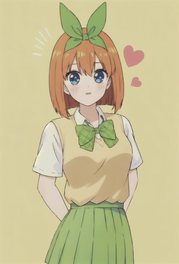 anime girl with green bow and yellow shirt and green skirt, anime visual of a cute girl, anime best girl, anime moe artstyle, score_9, score_8_up, score_7_up, score_6_up, source anime, abustoypnxl, nakano yotsuba, (1 girl) Sfw, yotsuba nakano, pretty teenage girl with short orange hair, heart shaped lips and blue eyes making a cute face, aayotsuba, short hair, bob hair, Nakano yotsuba, from The Quintessential Quintuplets, Yotsuba Nakano, masterpiece, 4k, ultradetailed, cowboy shot, nakano Yotsuba, pink orange hair, blue eyes, sparkling eyes, nakano yotsuba, orange hair, hair bow, green bowtie, yellow sweater vest, collared shirt, green skirt, dynamic pose, moving, dynamism, hair between eyes, transparent, translucent