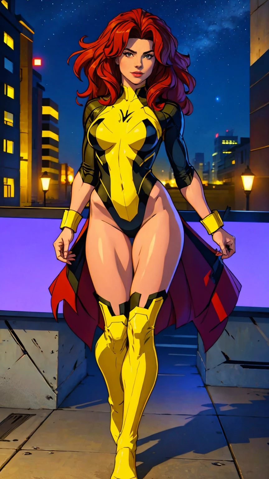 ((Full body photo, standing, feet on the floor)) (best quality,4k,8k,highres,masterpiece:1.2),ultra-detailed,(realistic,photorealistic,photo-realistic:1.37),full body shot,Rogue,X-Men,yellow thigh high boots,beauty pose, standing tall, show feet, outside, city rooftop at night, green headband