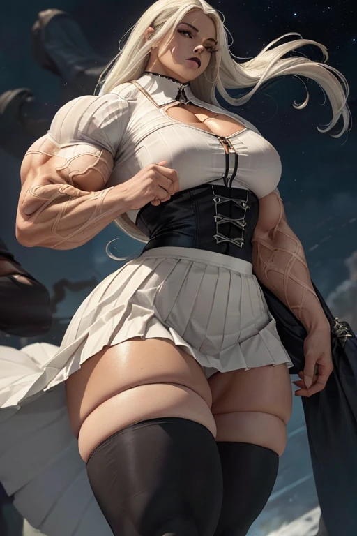 ((((Massive tall, beautiful, buff, light brown skinned muscular woman with white hair, black lipstick, ginormous bulky muscles, winds blowing and wearing a white pleated shirt with beautiful long pleated skirt)))), (close view), (massive muscles), long straight hair, blue eyes, choker, ((white pleated shirt and tie)), neck tie, ((beautiful long pleated skirt)), belt, thigh high socks, black boots, (Dark and moody universe:1.3), (in front of a disaster), closed smile, night, massive muscles