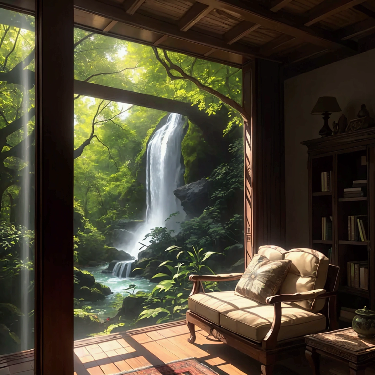 This is a warm wooden living room. The interior of the room is made of wood as the main material, exuding natural simplicity and warmth. Floors, walls and ceilings are made of fine wood, giving it a natural texture. There are some classical furniture in the living room, an antique wooden sofa with soft cushions, and a beautifully carved coffee table next to it. There is an antique bookcase next to the wall, which is filled with various ancient books and exquisite ornaments, adding to the classical atmosphere of the room. There is a large window on one side of the living room, and outside the window is a magnificent natural landscape: a waterfall rushing down from a high place, surrounded by dense trees and lush greenery. The sun casts dappled light and shadow through the leaves, and the sound of the waterfall can be heard clearly, adding a sense of tranquility and coziness to the room.