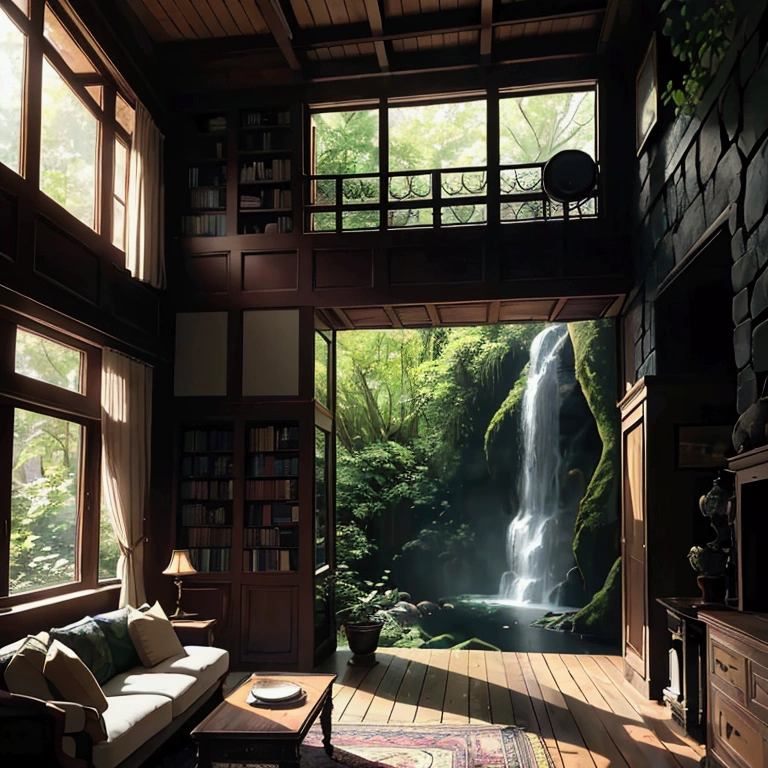 This is a warm wooden living room. The interior of the room is made of wood as the main material, exuding natural simplicity and warmth. Floors, walls and ceilings are made of fine wood, giving it a natural texture. There are some classical furniture in the living room, an antique wooden sofa with soft cushions, and a beautifully carved coffee table next to it. There is an antique bookcase next to the wall, which is filled with various ancient books and exquisite ornaments, adding to the classical atmosphere of the room. There is a large window on one side of the living room, and outside the window is a magnificent natural landscape: a waterfall rushing down from a high place, surrounded by dense trees and lush greenery. The sun casts dappled light and shadow through the leaves, and the sound of the waterfall can be heard clearly, adding a sense of tranquility and coziness to the room.