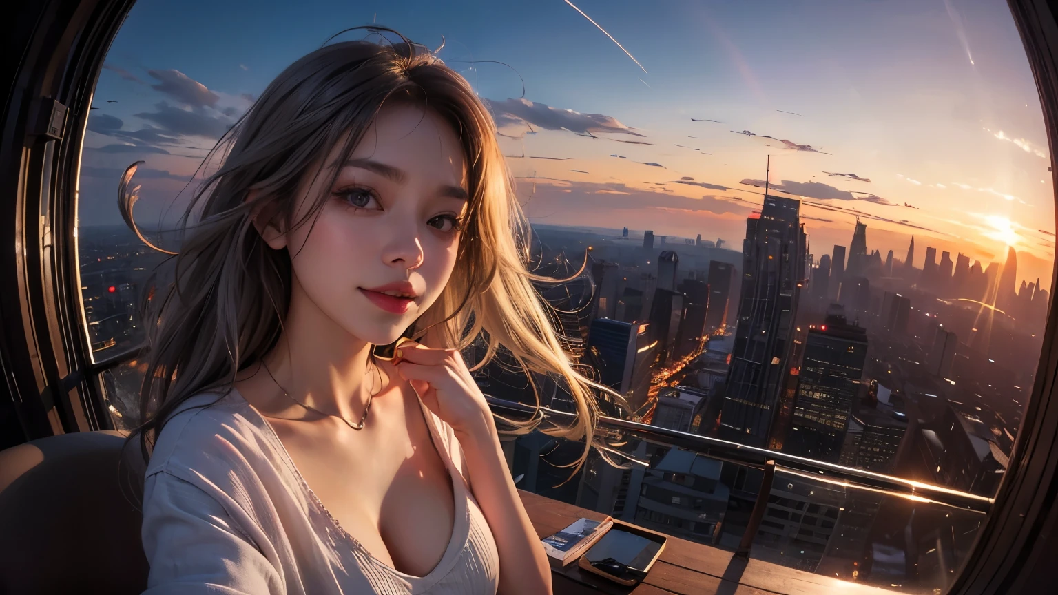 xxmixgirl,One Girl, Fisheye Lens, Selfie, Wind, Messy Hair, sunset, Cityscape, (Aesthetics and atmosphere:1.2), Gray Hair,smile, Film Girl, Short top shirt, Open your chest wide,