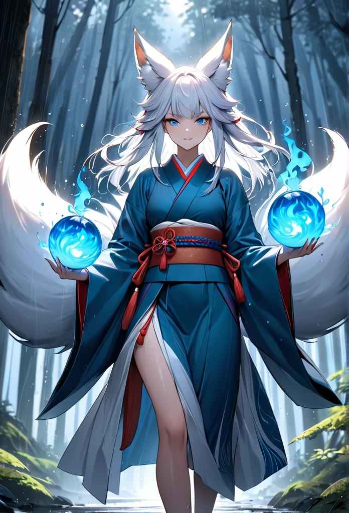 Masterpiece, Extremely detailed, , close distance shot, (A beautiful kitsune woman walking in a rainy forest holding a small ball of blue fire), facing viewer, dynamic pose , fox ears, nine fox tails, traditional Japanese clothing.