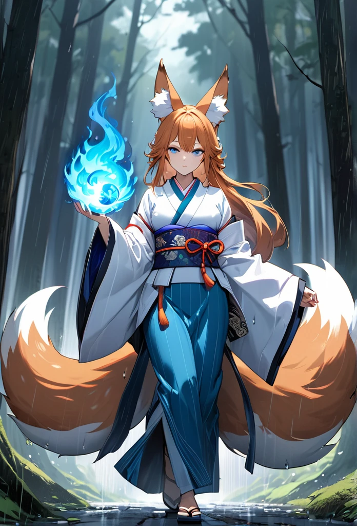 Masterpiece, Extremely detailed, , close distance shot, (A beautiful kitsune woman walking in a rainy forest holding a small ball of blue fire), facing viewer, dynamic pose , fox ears, nine fox tails, traditional Japanese clothing.