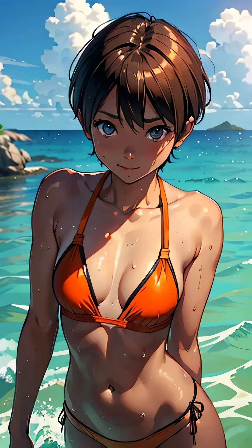 highest quality、Realistic、zoom、Chestnut Hair、Cobalt green eyes、short hair、Orange swimsuit、Tanned black body、Tan、Dark Skin、slender、Small breasts、Sweat、smile、Ocean、