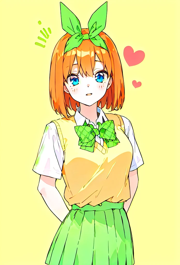 anime girl with green bow and yellow shirt and green skirt, anime visual of a cute girl, anime best girl, anime moe artstyle, score_9, score_8_up, score_7_up, score_6_up, source anime, abustoypnxl, nakano yotsuba, (1 girl) Sfw, yotsuba nakano, pretty teenage girl with short orange hair, heart shaped lips and blue eyes making a cute face, aayotsuba, short hair, bob hair, Nakano yotsuba, from The Quintessential Quintuplets, Yotsuba Nakano, masterpiece, 4k, ultradetailed, cowboy shot, nakano Yotsuba, pink orange hair, blue eyes, sparkling eyes, nakano yotsuba, orange hair, hair bow, green bowtie, yellow sweater vest, collared shirt, green skirt, dynamic pose, moving, dynamism, hair between eyes, transparent, translucent
