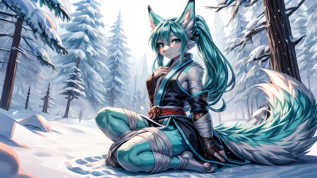 The best quality, Adolescente hatsune miku x kitsune japones add_detail,shinobi warrior in the snow add_detail:1, barefoot with bandages add_detail:1 mystical aura, as if it were a Japanese canvas add_detail, sensual warrior