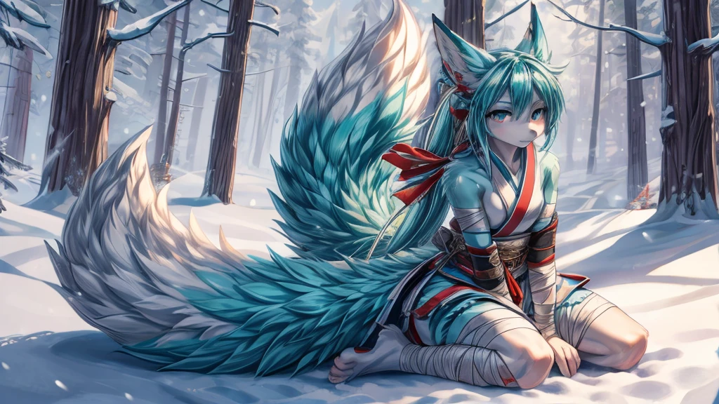 The best quality, Japanese Teen Hatsune Miku x Kitsune , fox face elongated snout add-detail, Surprise face, bloody body, add heated_detail,, kitsune warrior in the snow add_detail:1, add barefoot_detail:1 mystical aura, kneeling in the snow, Kitsune de 9 colas