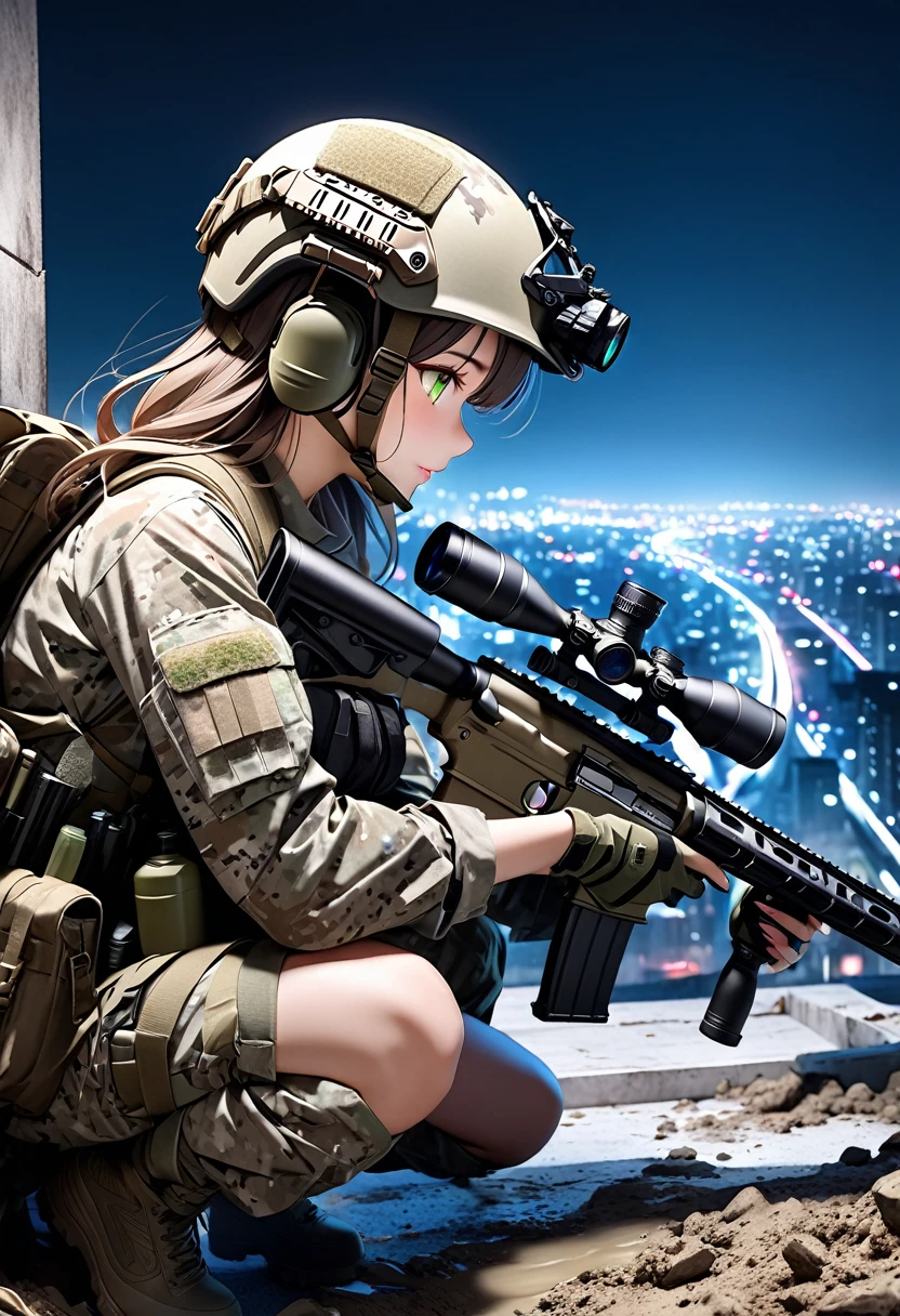 Ultra-high resolution 3D CG art,A modern soldier girl is sniping at night,Girls are modern snipers,Her hair is short and chestnut.On his head he wears an urban camouflage helmet, the kind worn by modern soldiers.Put on night vision goggles and look through the rifle scope.Wearing modern soldier uniforms in urban camouflage and carrying military backpacks,Possess a long-range sniper rifle He is lying face down on the ground on the roof of an abandoned building, looking through the scope of a rifle.Tension, nervousness,The girl was covered in mud and dust.Night vision goggles green light afterglow effect,The beautiful depiction and luster of the rifle,A perspective of a girl seen from diagonally in front,(High quality,high resolution, masterpiece, best quality4k, 8k.1.2)Ultra detail,Ultra-fine painting,Super Fine View,