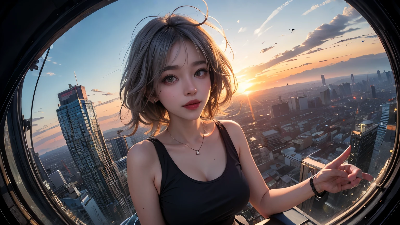 xxmixgirl,One Girl, Fisheye Lens, Selfie, Wind, Messy Hair, sunset, Cityscape, (Aesthetics and atmosphere:1.2), Gray Hair,smile, Film Girl, Short top shirt, Open your chest wide, 