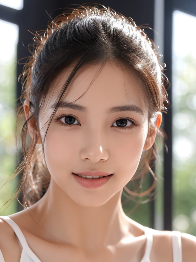 whiteroom, 1 girl, look at the camera, smile, H~I cup, model's expression, big black eyes, wide double eyelids, high nose bridge, small well-shaped mouth, thin lips, smooth fair skin, high cheekbones, symmetrical face, natural eyebrows, gentle smile, shiny black hair, straight hair, soft facial expression, well-defined jawline, oval-shaped face, see-through bangs, slightly upturned outer eye corners, natural eyeliner, tear bags, healthy cheek color, bright white teeth, well-aligned teeth, Tank top, Shiny skin, Sweaty body, Dramatic lighting, Huge breath, (8K, 4K, Best Quality, High Definition, Ultra High Definition: 1.1), (Masterpiece, Realistic, Photorealistic: 1.1), #tarasuzuka24
